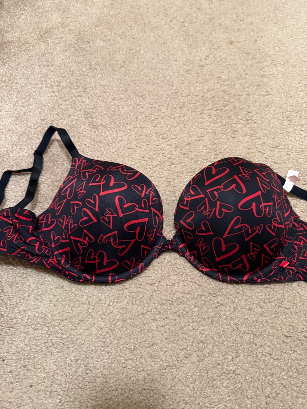 Victoria's Secret Black Bra with Red Heart Print — Padded Support